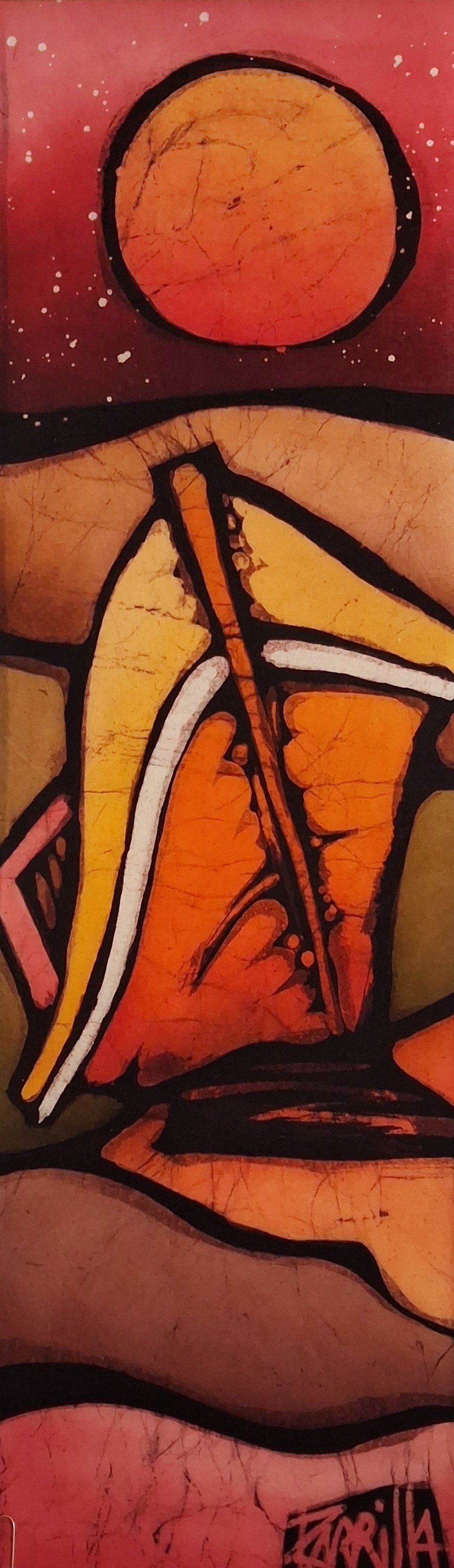 Abstract art featuring bold black outlines, with orange, yellow, and white colors depicting a hand holding a long object, with a round orange-red sphere or sun in the background against a reddish sky with white splatters.