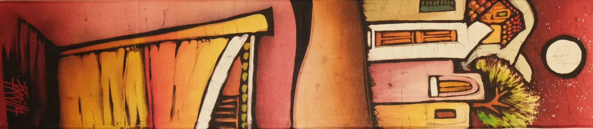 Colorful abstract mural featuring buildings, trees, and a sun, with bold black outlines and warm tones of yellow, orange, and pink.