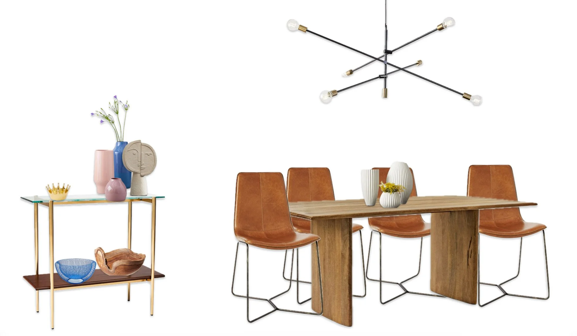 White background with two tier shelf unit on the left with varying knick knacks. On the right is a dining table with cognac leather sling chairs. Above is a black and brass chandelier.