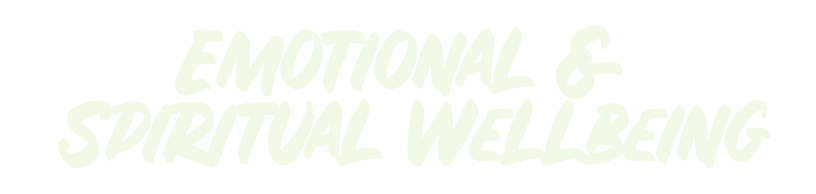 Text that says 'Emotional & Spiritual Wellbeing' in stylized font on black background.