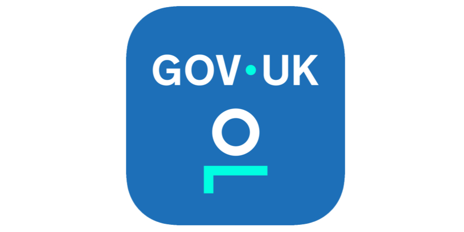 Icon with blue background displaying GOV.UK and a stylized face with a circle and a line.