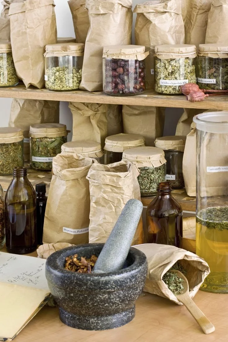 Various jars and paper bags filled with dried herbs, berries, and other botanicals on wooden shelves and a table, with a mortar and pestle, a glass jar with yellow liquid, and a wooden spoon.