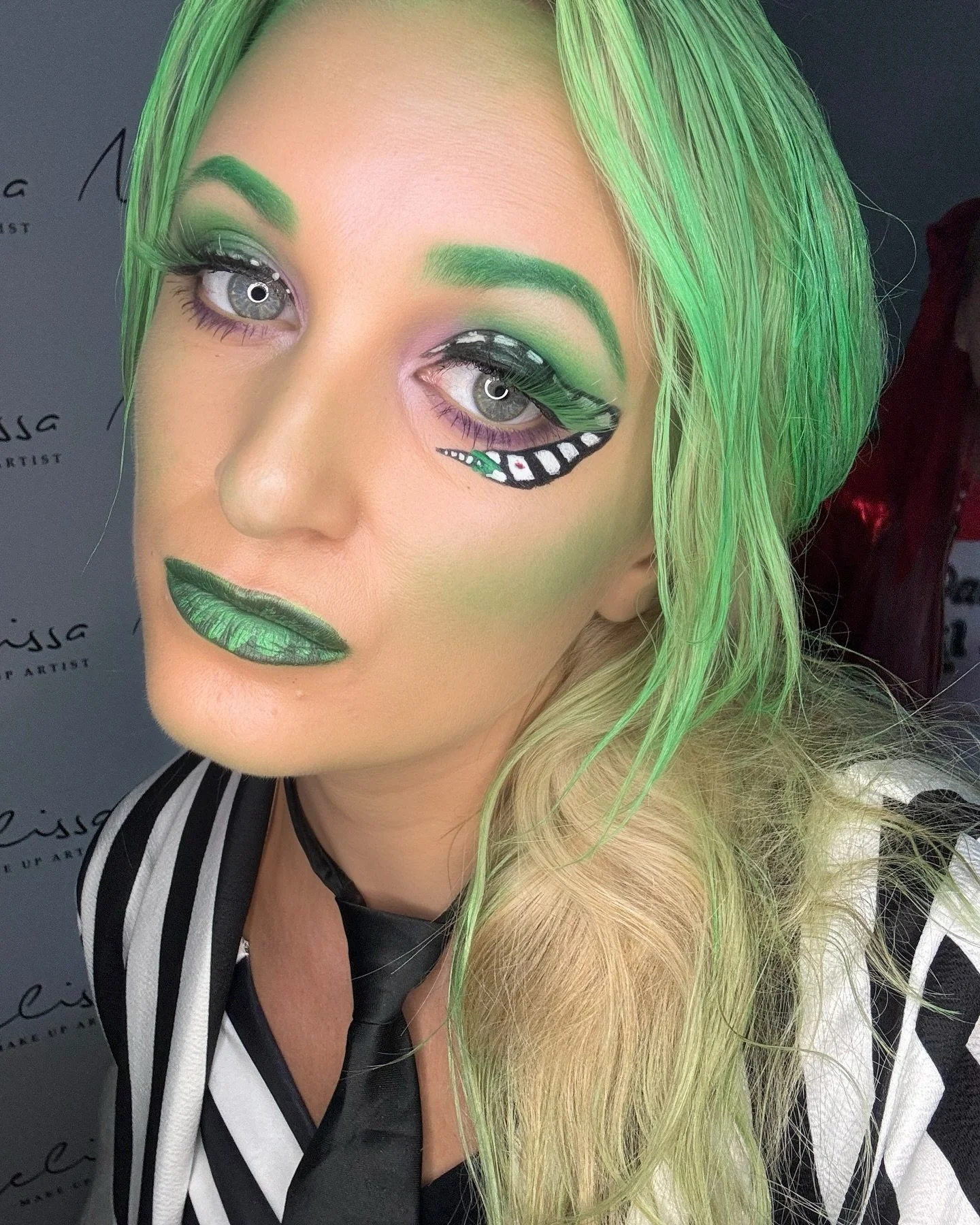 Halloween was fun! I still have green hair. 🤣🤦🏼&zwj;♀️ Beetlejuice done. ✔️ Already can&rsquo;t wait for next year! #beetlejuicemakeup #beetlejuicehalloween #halloweenmakeuplook #mua #beetlejuice #fancydressideas #facepaint #instamakeup #picofthed