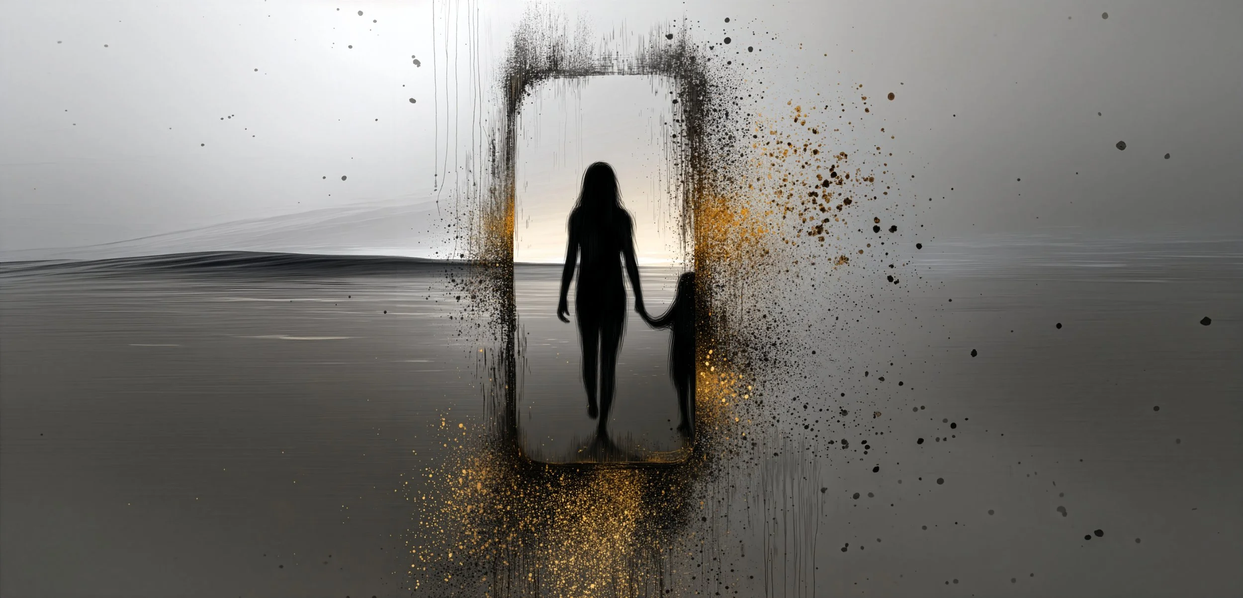 A surreal silhouette of a woman holding a child's hand, walking through an artistic opening splattered with black and gold paint, set on a reflective surface with a cloudy sky background.