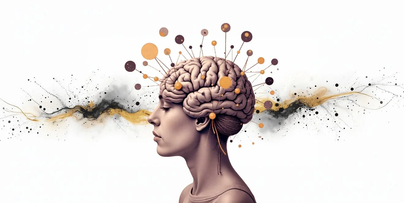A digital illustration of a woman in profile with a brain and interconnected nodes above her head, beautifully surrounded by abstract black and gold splashes in a modern style.