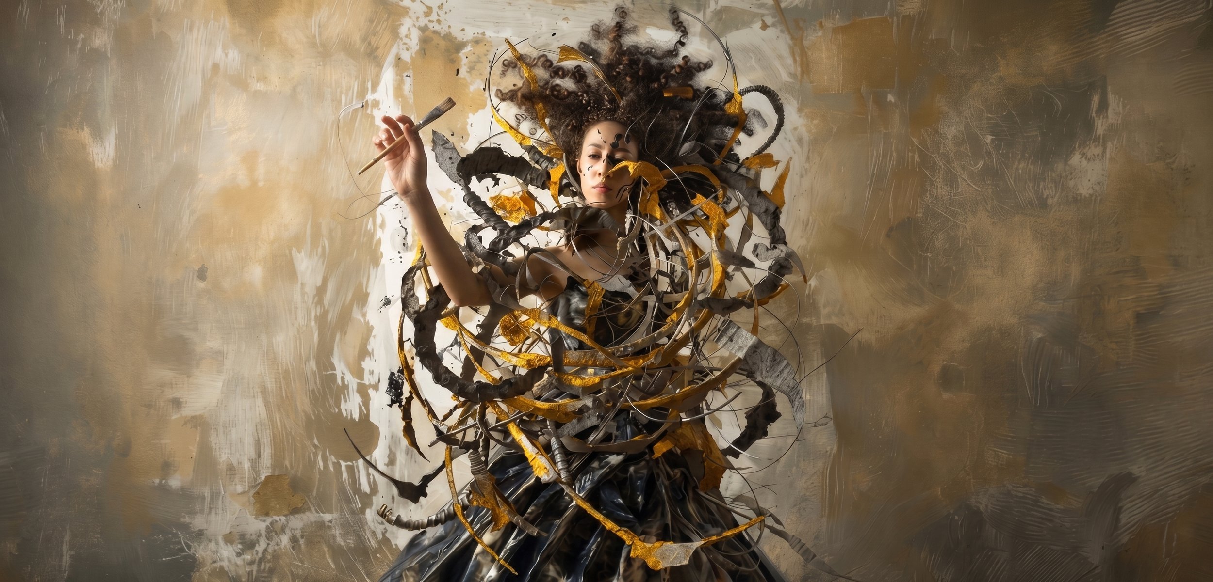 A surreal illustration of a woman surrounded by an elaborate art installation utilizing black, gold, and gray materials that resembles an intricate mix of organic and mechanical design elements.