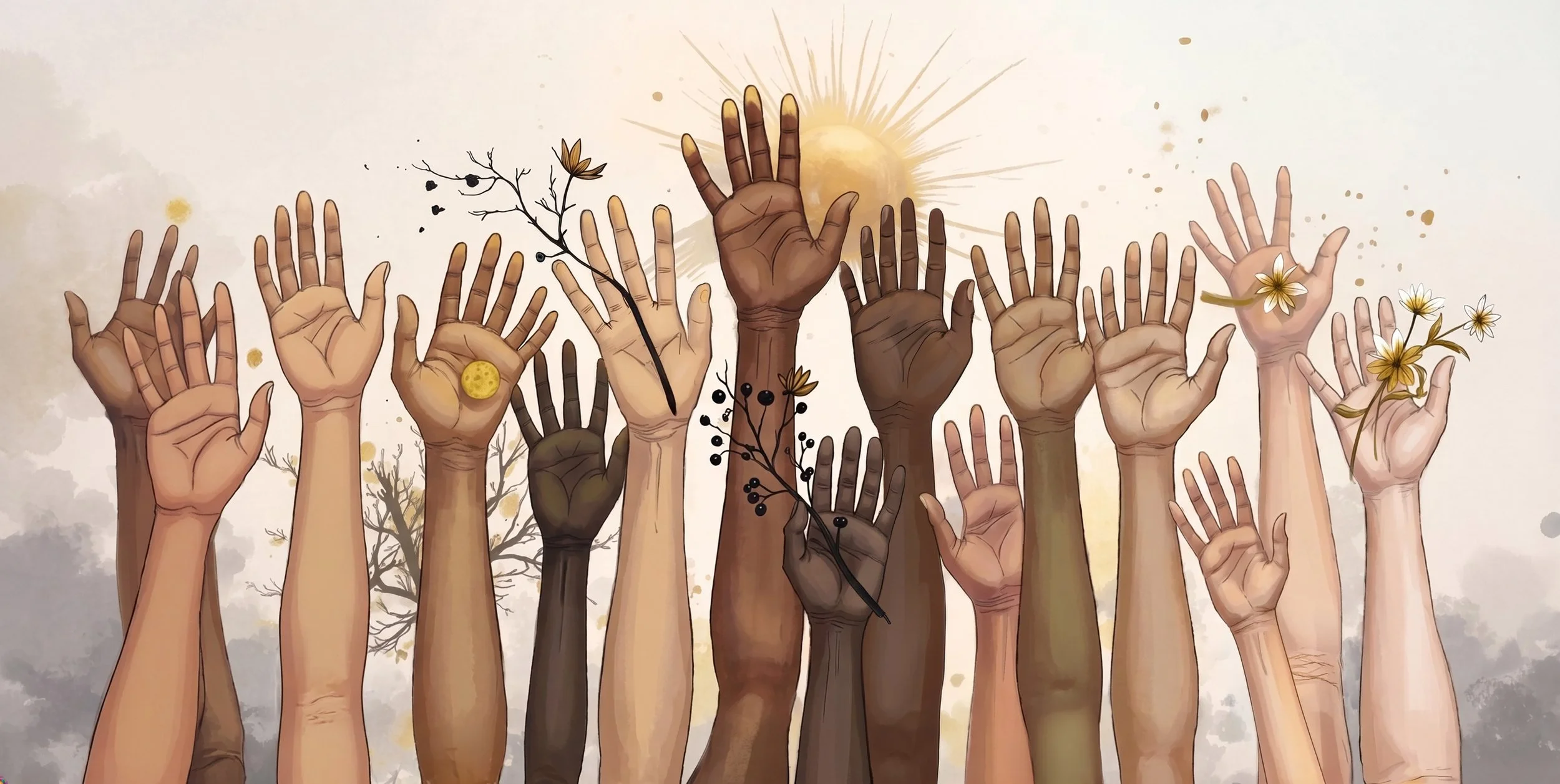A vibrant illustration of multiple diverse hands reaching upward with a bright sun in the background, intricately surrounded by blooming flowers, branches, and lush botanical flora.