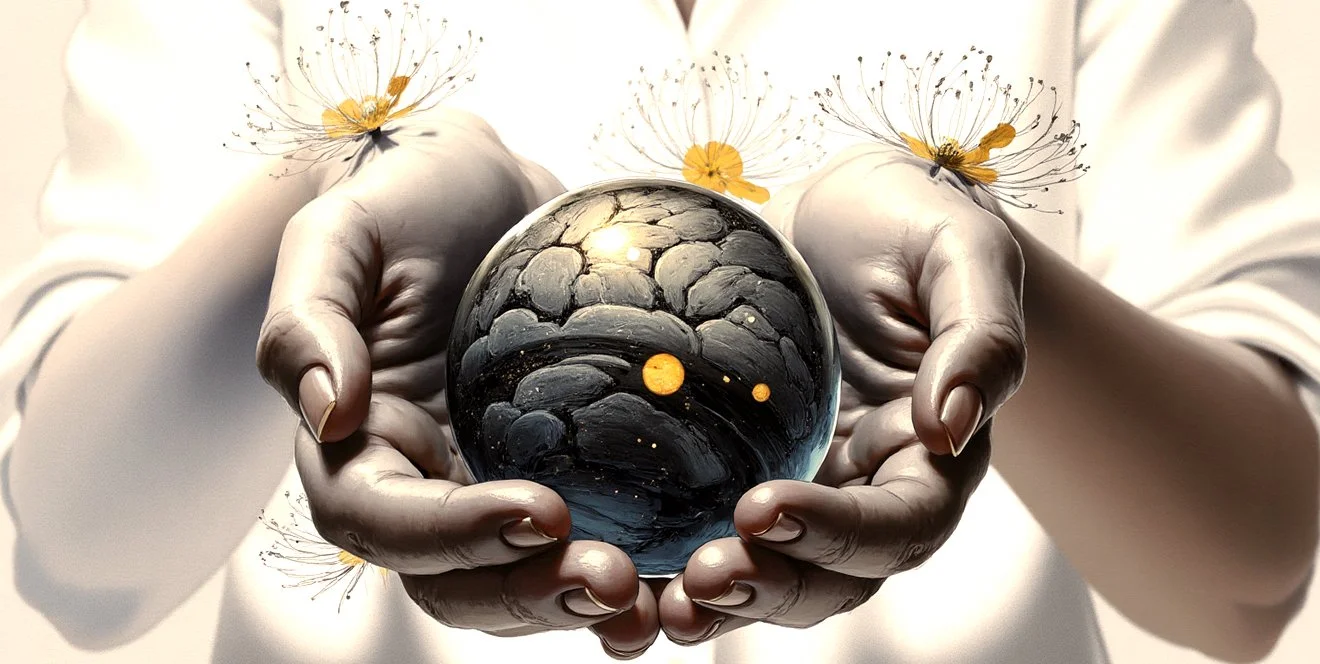 A person wearing white clothing with yellow flower accents on their wrists, holding a reflective glass sphere that captures the bright reflections of a cloudy sky and a colorful sunset.