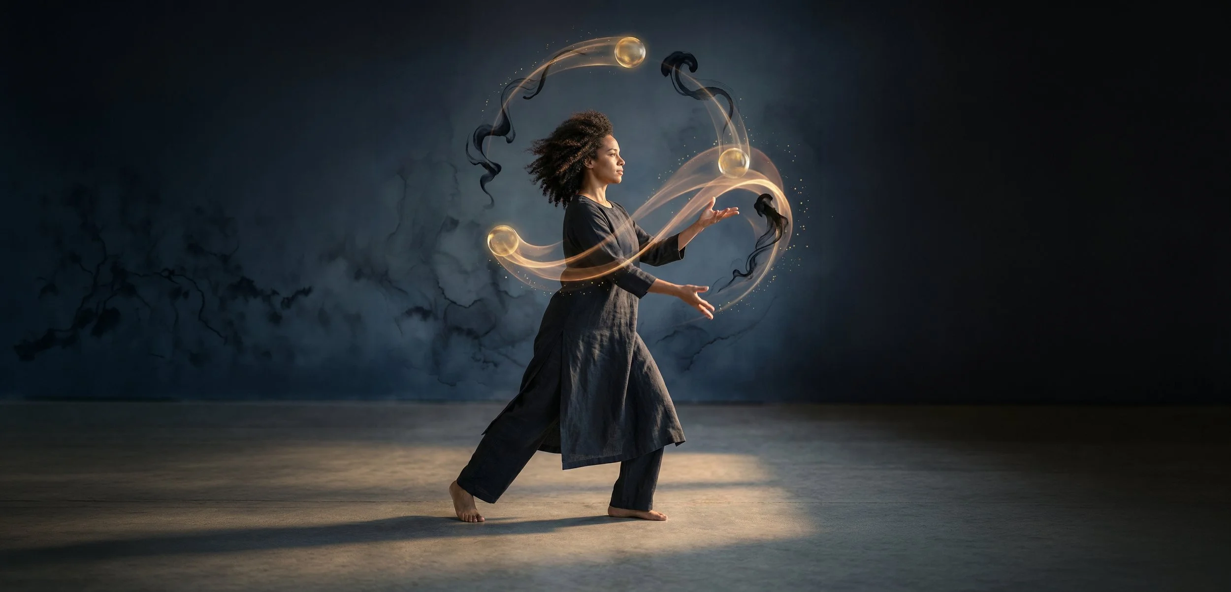 An atmospheric illustration of a woman with curly hair performing a dance or martial art, surrounded by glowing orbs and swirling light trails inside a dark room with a textured wall background.