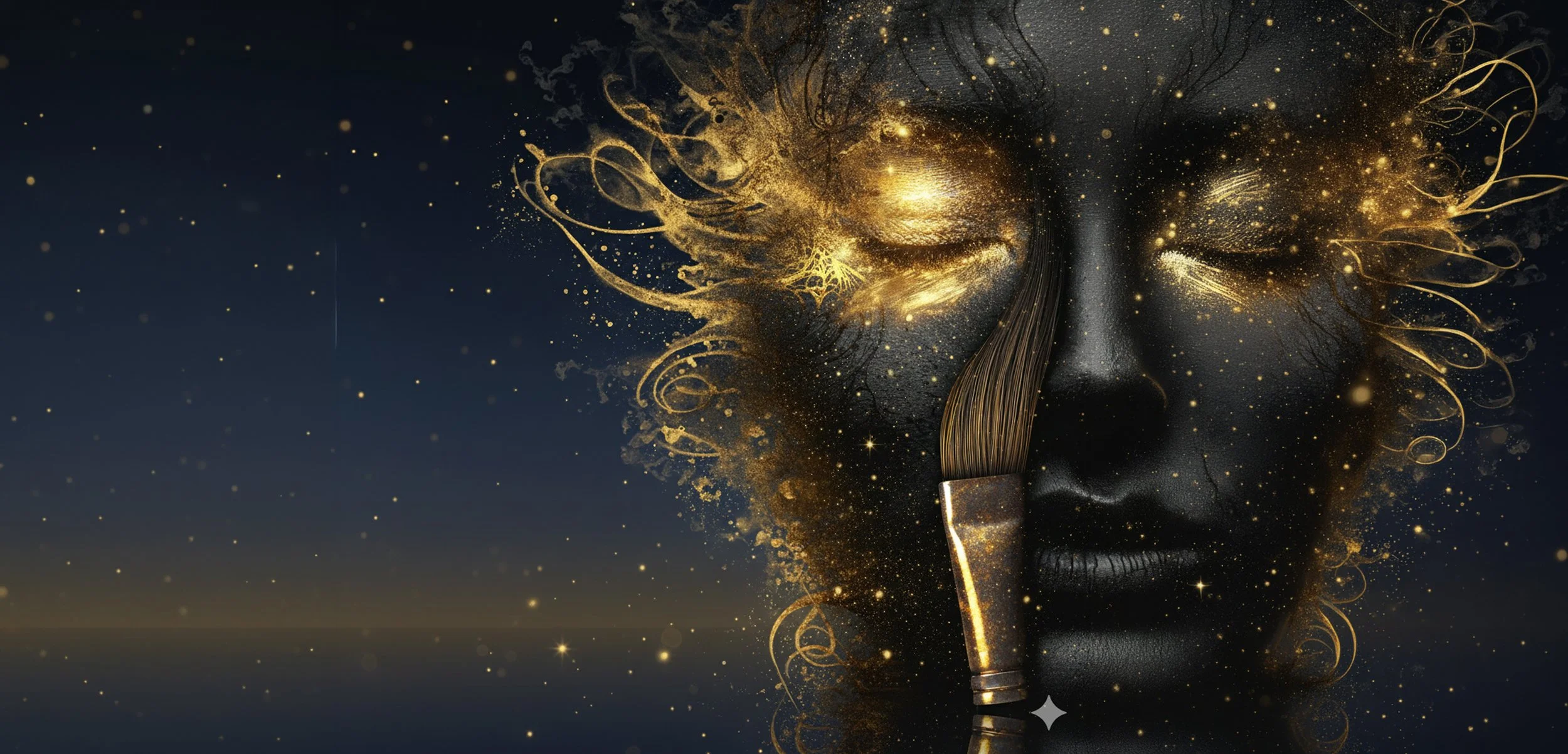 A stylized illustration of a human face made of dark material holding a finger to its lips, with bright gold and light swirling around the head to create a cosmic and dreamy atmosphere.