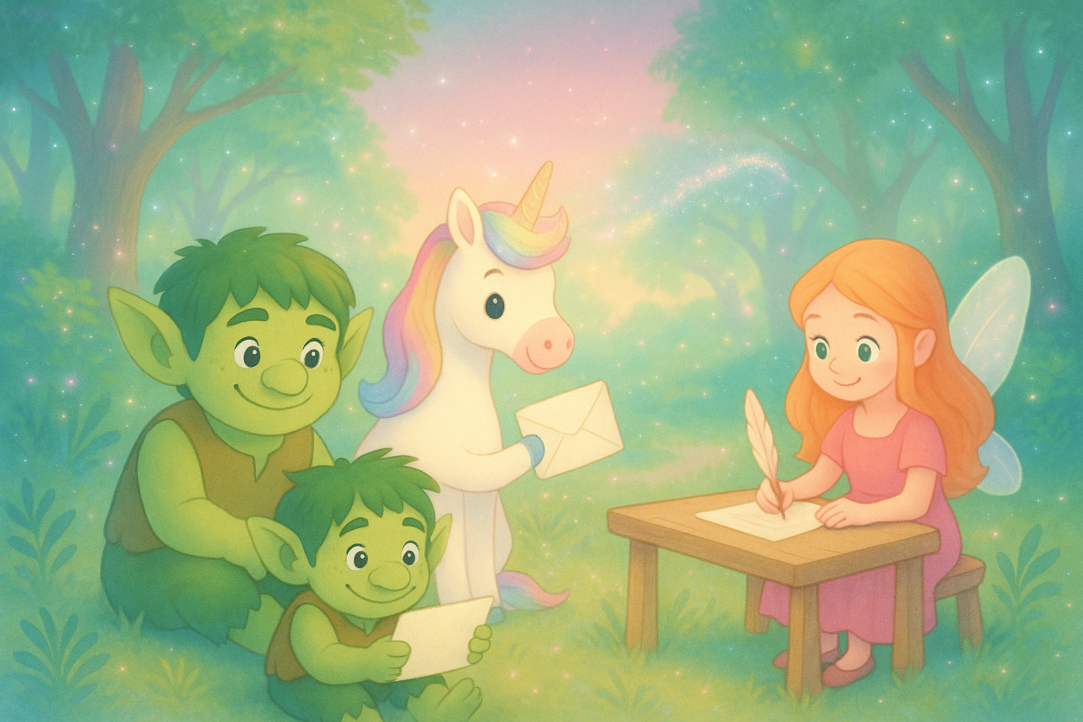 Ein magischer Ort im Wald mit einem freundlichen grünen Wesen, einem Einhorn mit Regenbogenmähne, einer Fee mit Flügeln, die gerade einen Brief übergibt, und einer kleinen Fee, die am Tisch sitzt und schreibt.