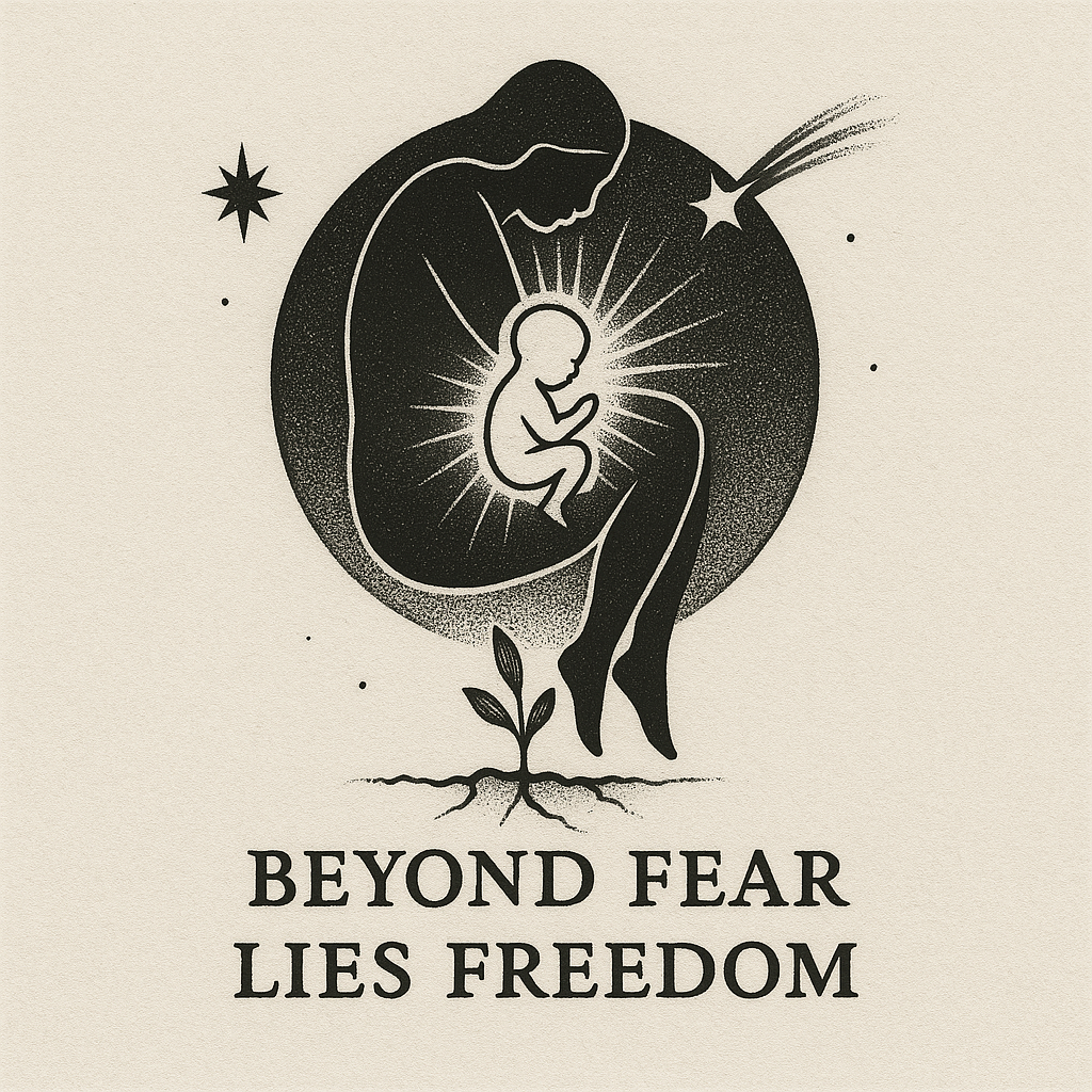 Stylized illustration of a pregnant woman holding a fetus with a small plant growing from the ground beneath her, surrounded by stars and cosmic elements. Text reads "Beyond Fear Lies Freedom."