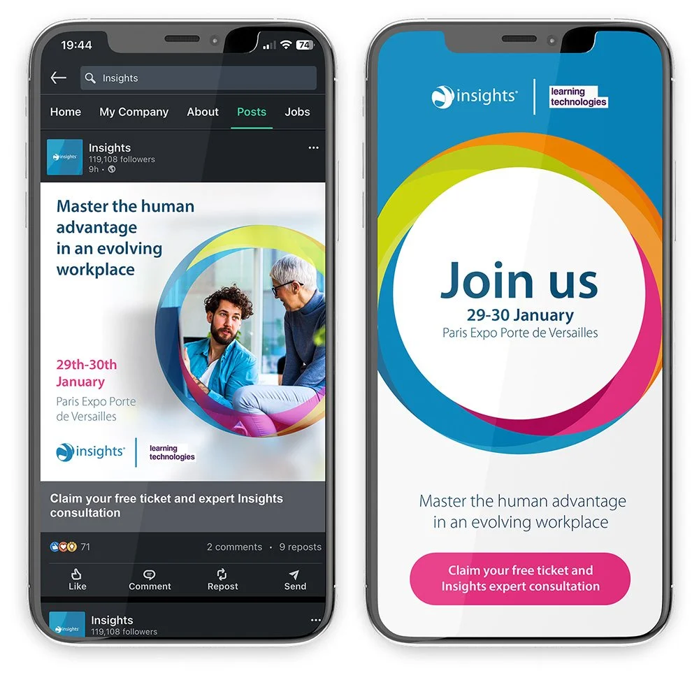 Two smartphones displaying promotional content for Insights, a learning technologies company. The left phone shows a social media post about an event on January 29-30 at Paris Expo Porte de Versailles with a photo of two people in a discussion. The right phone displays an event registration graphic with dates and location, encouraging viewers to join and claim a free ticket.