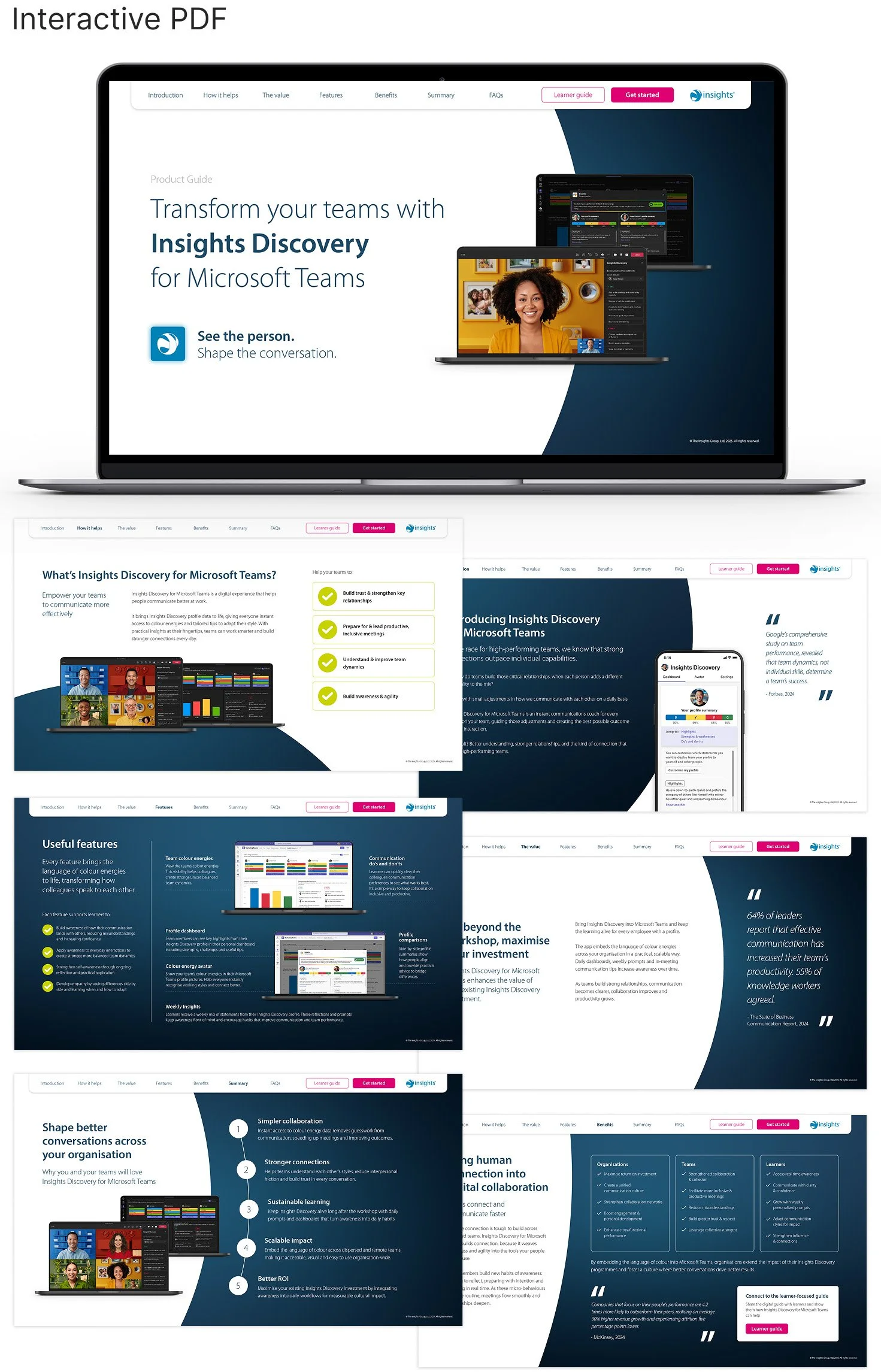 Screenshots of an online product guide for Insights Discovery for Microsoft Teams, showing features, benefits, summaries, and user testimonials, including a video call with diverse participants.