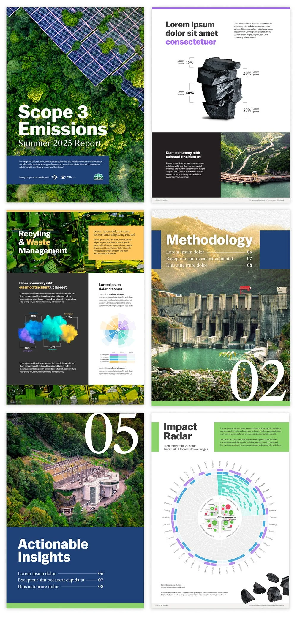A collection of six pages from a report or presentation about environmental topics. The pages include images of solar panels on a forest, a graph with black rocks, a dam with water, a scenic road, a modern house in the woods, and a circular chart with data. Text includes headings like 'Scope 3 Emissions,' 'Recycling & Waste Management,' 'Methodology,' 'Impact Radar,' and 'Actionable Insights'.