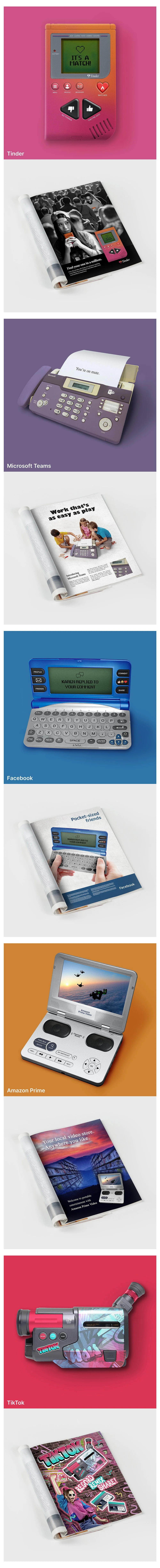 Collage of various electronic devices and gadgets, including a pink digital pet with a screen and buttons, a magazine with a small pink toy phone on its pages, a purple budget planner or calculator, a blue handheld electronic device with a screen, a white electronic gadget with a screen and buttons, a compact device with a cloud pattern, a red camera or camcorder, and a magazine with vibrant, graffiti-style art.