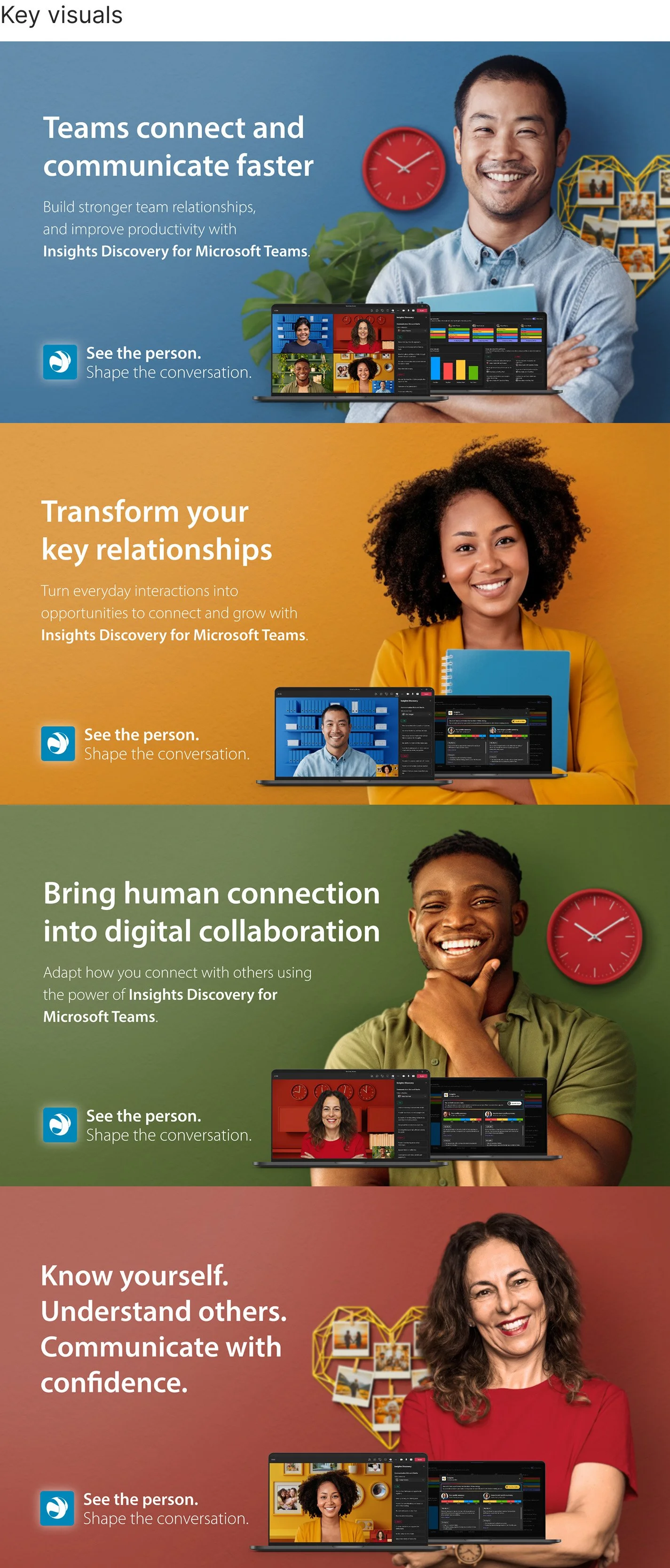 A promotional infographic for Insights Discovery for Microsoft Teams features four sections, each highlighting different benefits with images of smiling diverse people, clocks, and laptops showing video calls and analytics. The sections emphasize team communication, transforming relationships, digital collaboration, and understanding others.