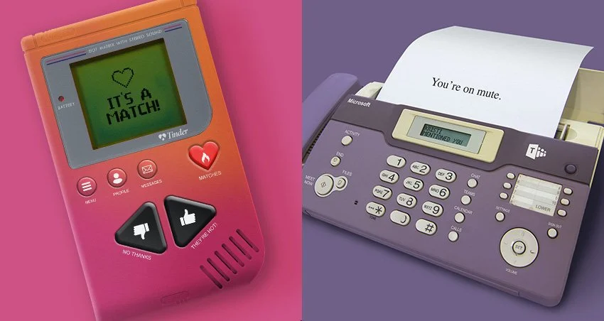 A pink flip phone with a Tinder app on the screen showing match notification and a purple printer with a printed document saying 'You're on mute.'
