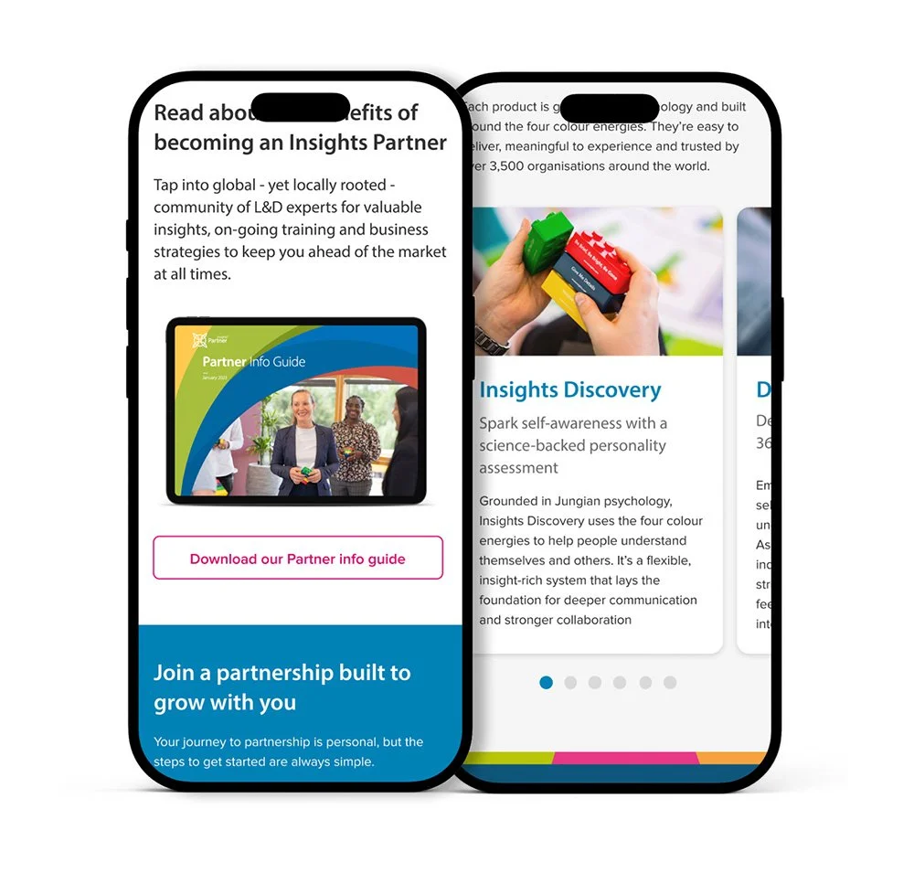 Two smartphones displaying promotional content about a partnership program, with images of people and text about insights and collaboration.