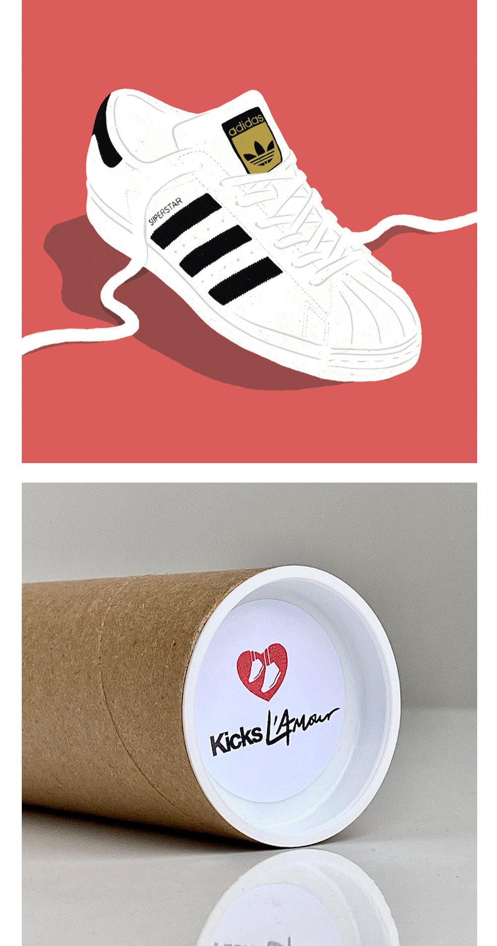 A digital illustration of a white Adidas Superstar sneaker with black stripes on a pink background, casting a shadow, printed labels "SUPERSTAR" and “adidas” with the trefoil logo. Below, a brown cardboard cup with a white lid and a red heart-shaped logo that says "Kicks L'amour".