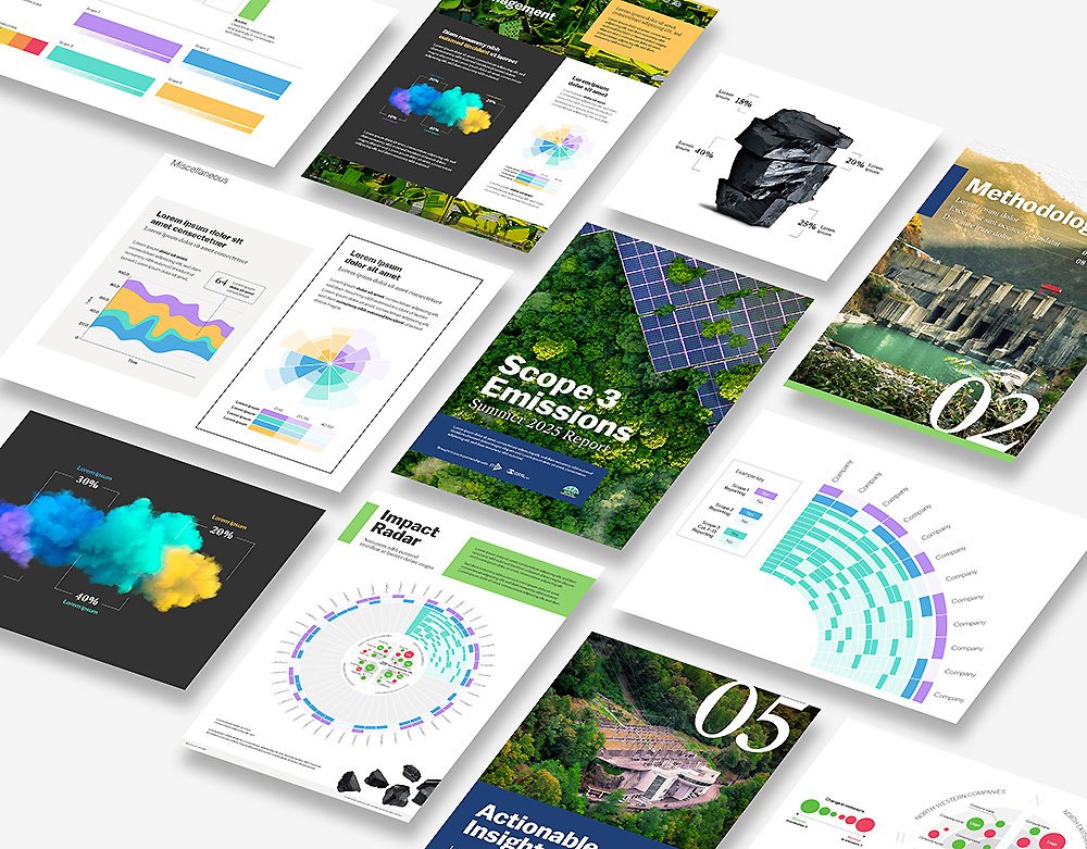 Collection of colorful business and environmental report pages featuring charts, graphs, and images related to sustainability, technology, and impact analysis.