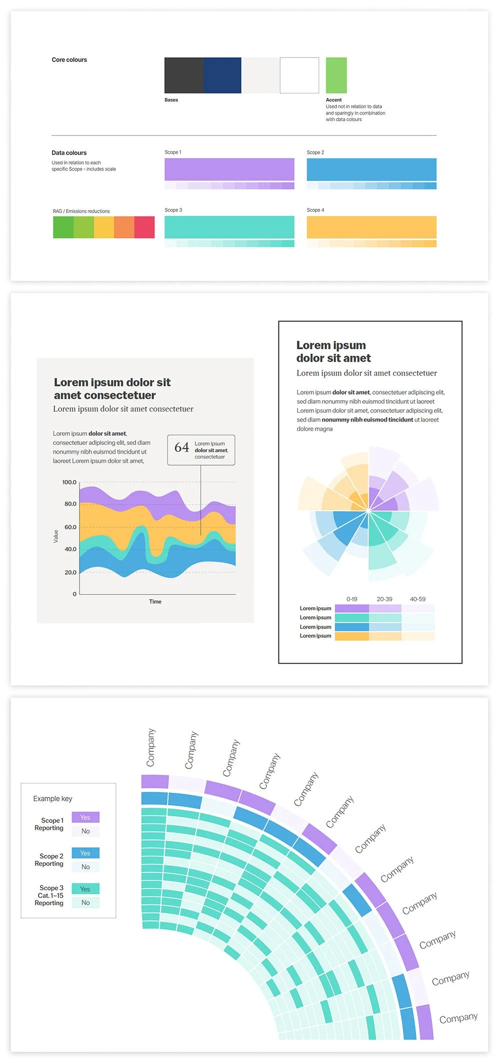 Collection of infographics including color palettes, data visualizations like stacked area charts, circular charts, and a heat map, with placeholder text and labels for data analysis.