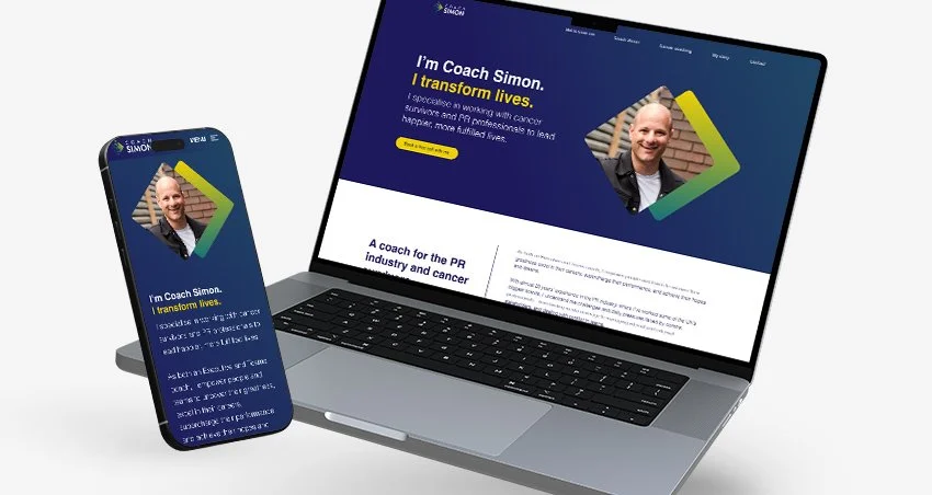A laptop and smartphone displaying a personal coaching website with a picture of a smiling man, colorful geometric graphic, and text introducing Coach Simon.