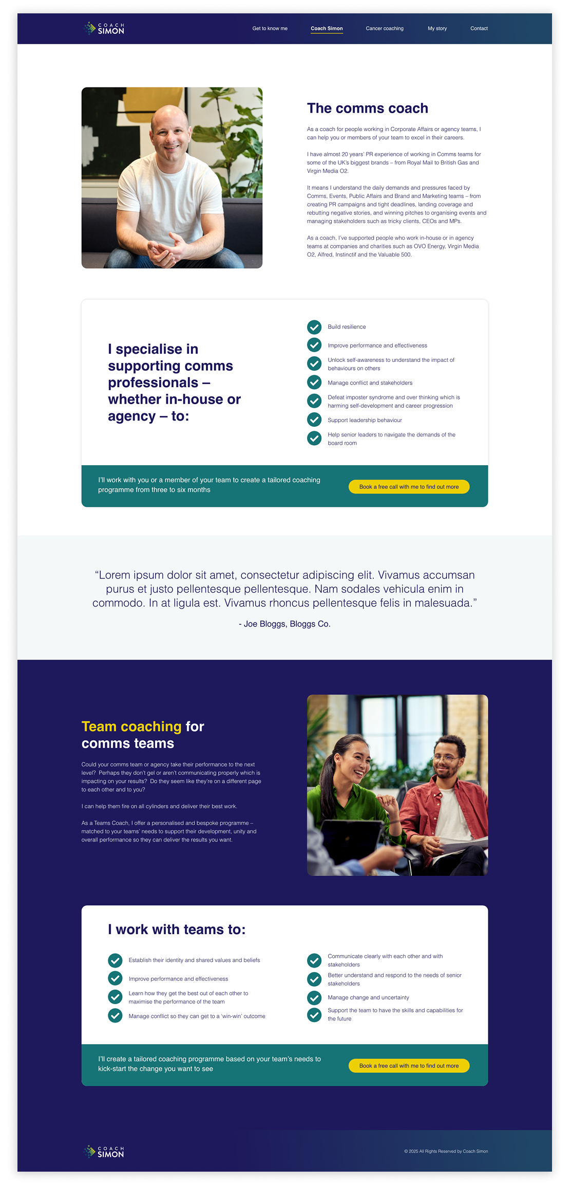 Web page from Coach Simon's site featuring a photograph of a smiling man in a white t-shirt, sitting indoors with plants in the background, and text about coaching services for comms teams, with sections explaining the coach's experience, services, and a call to action button.