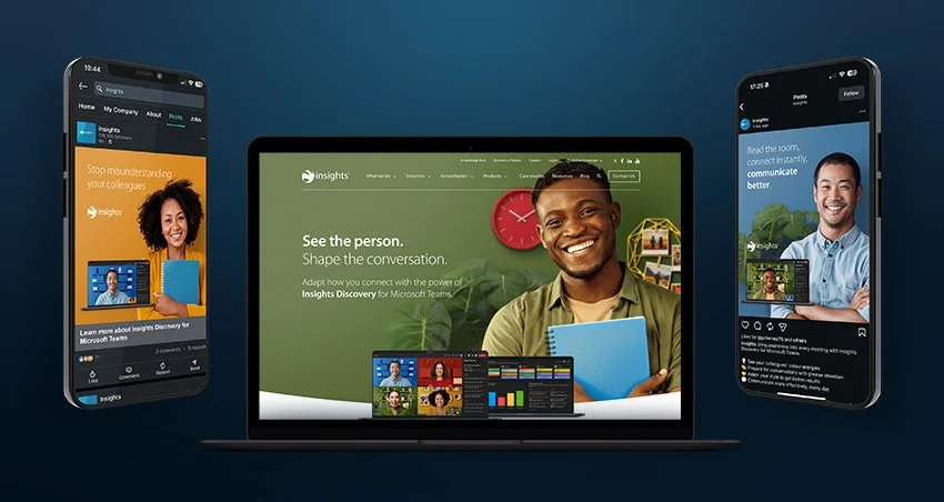 Multiple screens display the Insights platform, including a laptop showing the homepage with a smiling man, and two smartphones with profile images of diverse individuals, promoting engagement with Microsoft Teams and Insights Discovery.