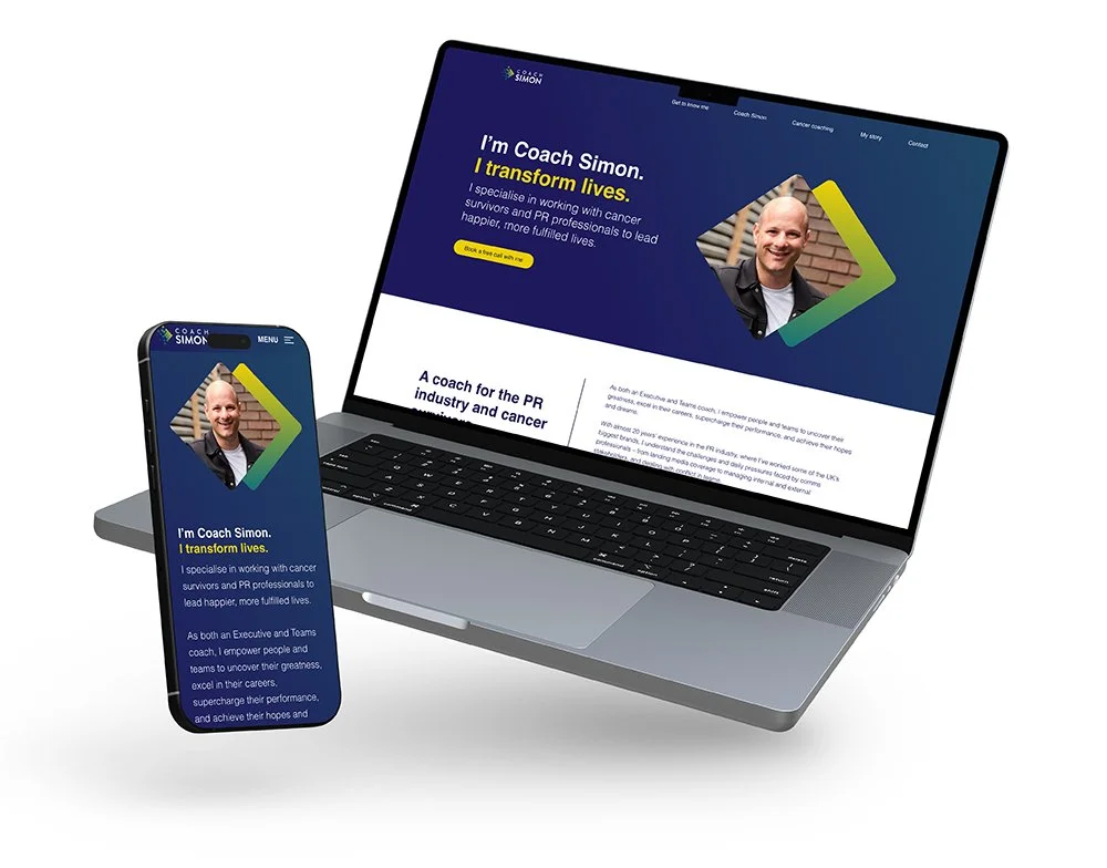 Website displayed on a laptop and smartphone screen featuring Coach Simon, who specializes in working with cancer survivors and PR professionals.