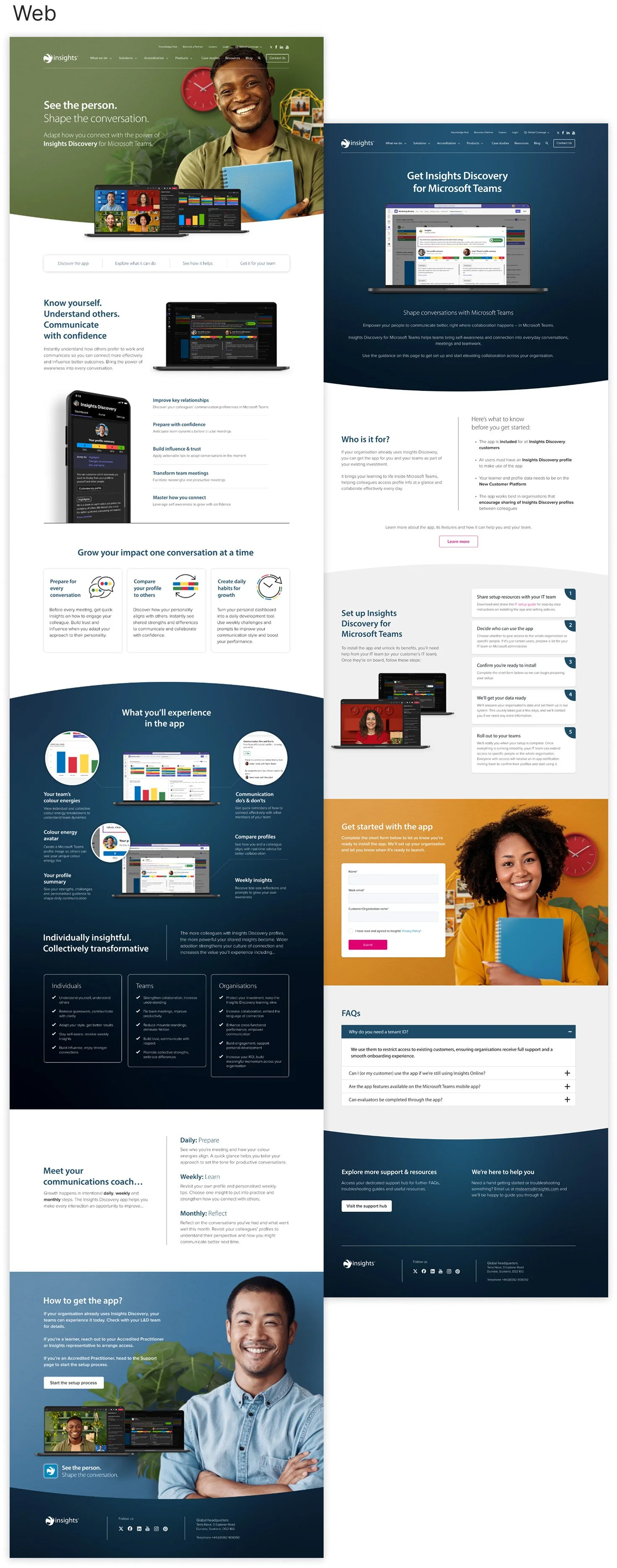 An informational webpage about Insights Discovery for Microsoft Teams, featuring images of smiling people, screenshots of the app interface on various devices, and sections explaining features and setup instructions.