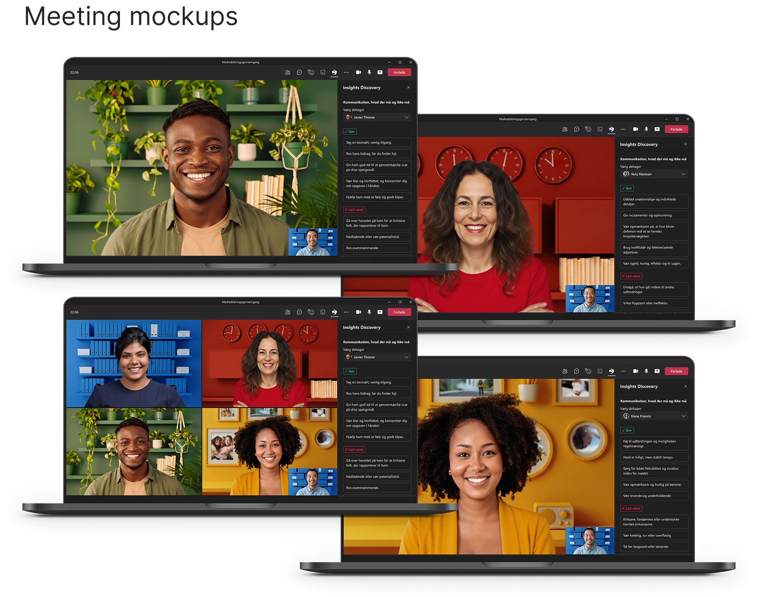 Four laptops displaying virtual meeting mockups with diverse participants, backgrounds featuring plants, bookshelves, colorful walls, and framed photos.