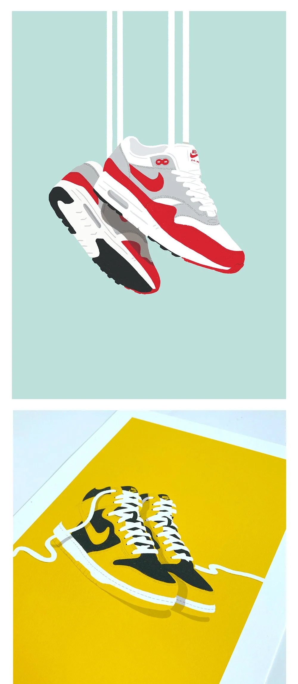 Illustration of two pairs of Nike sneakers, one pair is gray, red, and white hanging by laces in the top image, and the other pair is black, yellow, and white on a yellow surface in the bottom image.