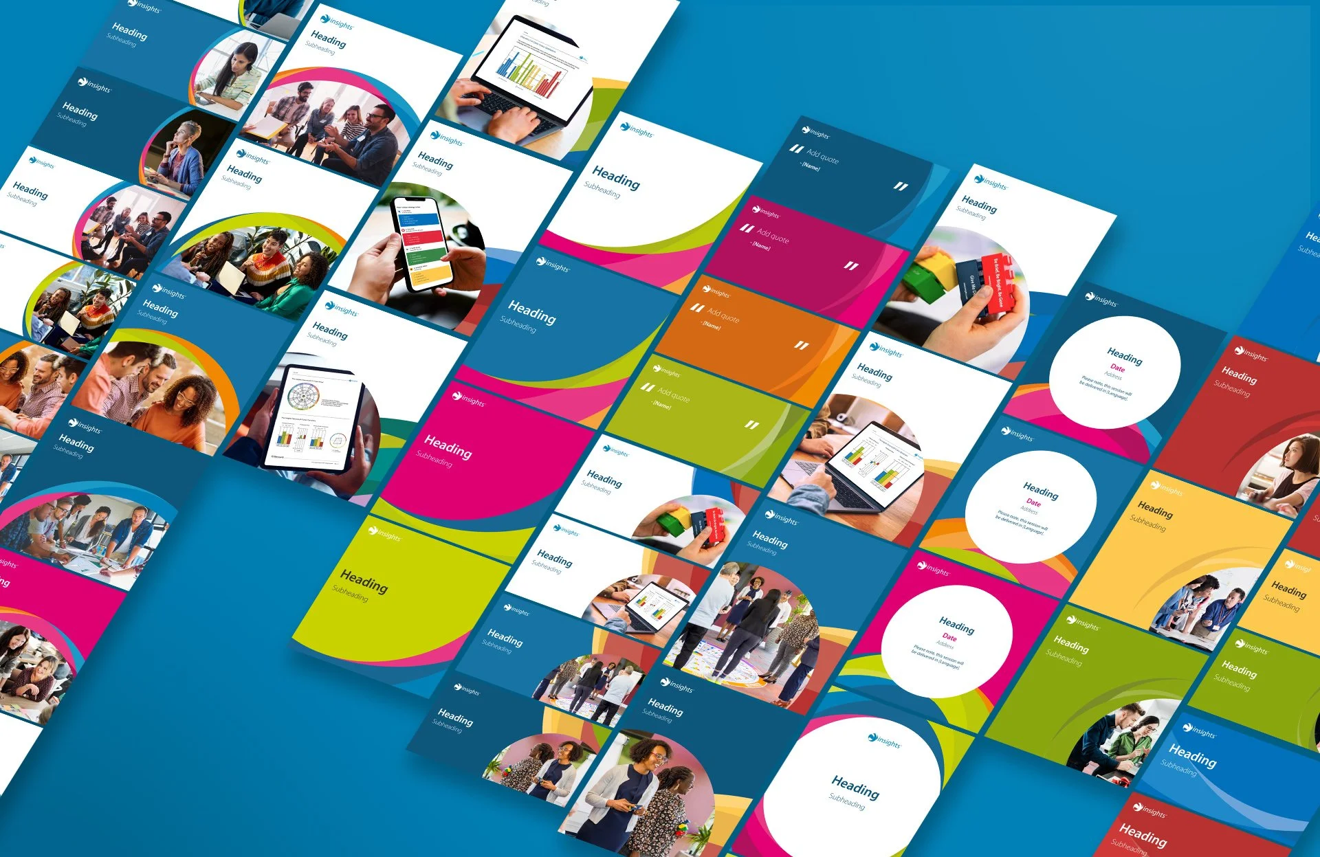 A collection of colorful presentation slides featuring charts, graphs, and images of people in meetings and working with technology.