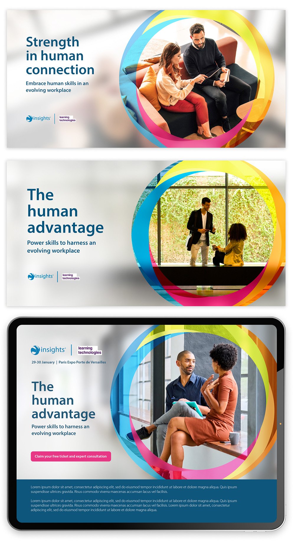 A series of three digital slides from a presentation about human connection and workplace skills, featuring diverse people in professional and casual settings, with colorful circular graphic design elements.