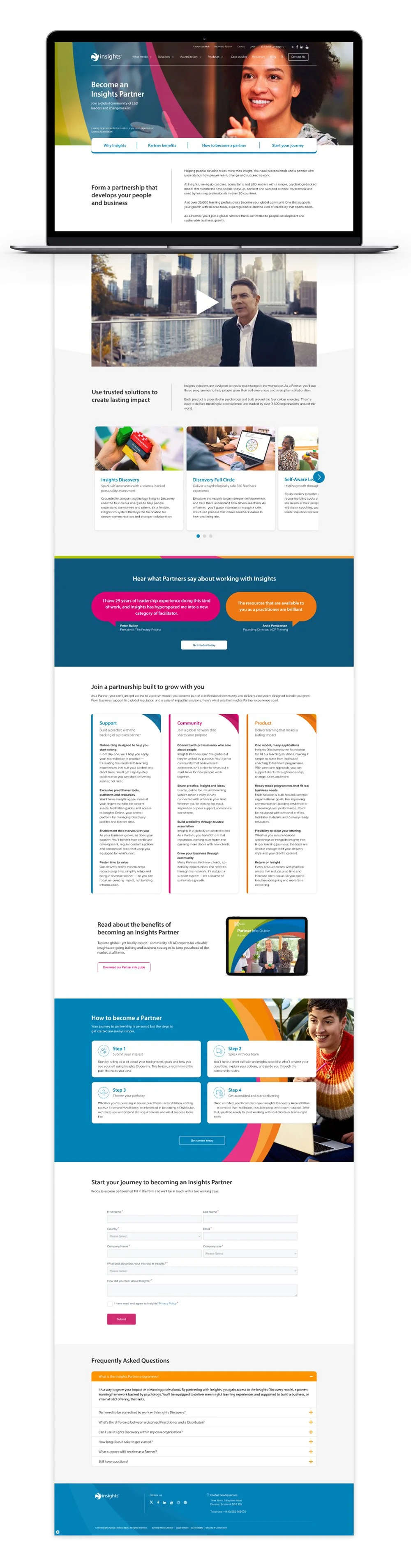 A laptop displaying a website about becoming an Insights Partner, with sections on partnership benefits, how to become a partner, and FAQs. The page features images of people, cityscapes, and colorful graphics.