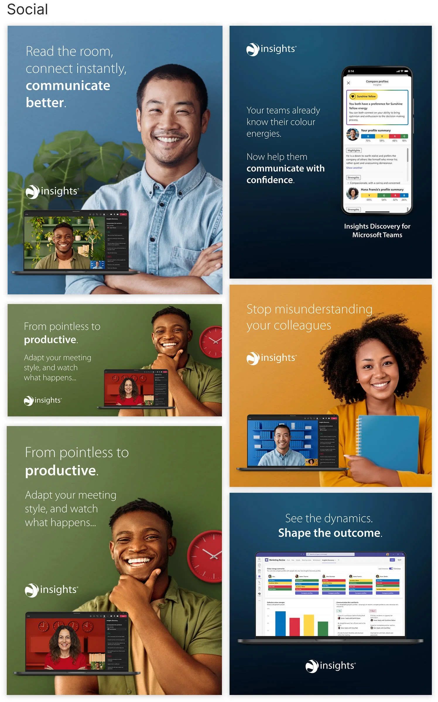 Promotional graphic for Insights discovery for Microsoft Teams, showing diverse smiling individuals, laptops with charts and profiles, emphasizing better communication, productivity, understanding, and shaping outcomes.