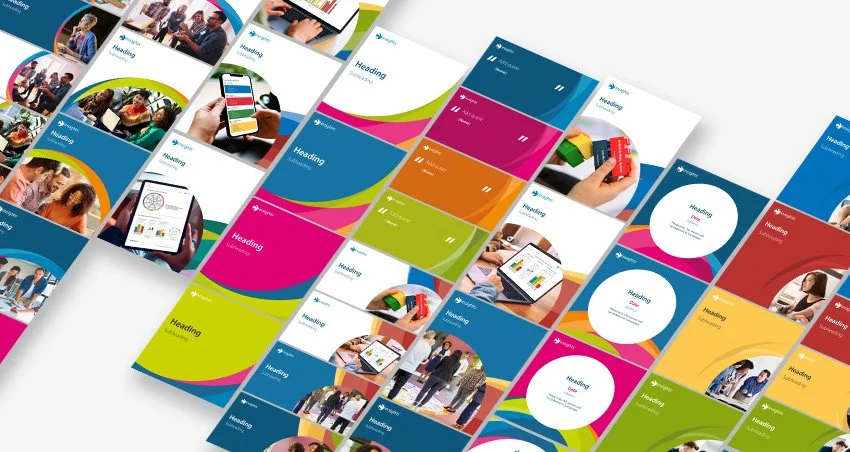 Collage of colorful presentation slides with images of people using devices, team meetings, and business charts.
