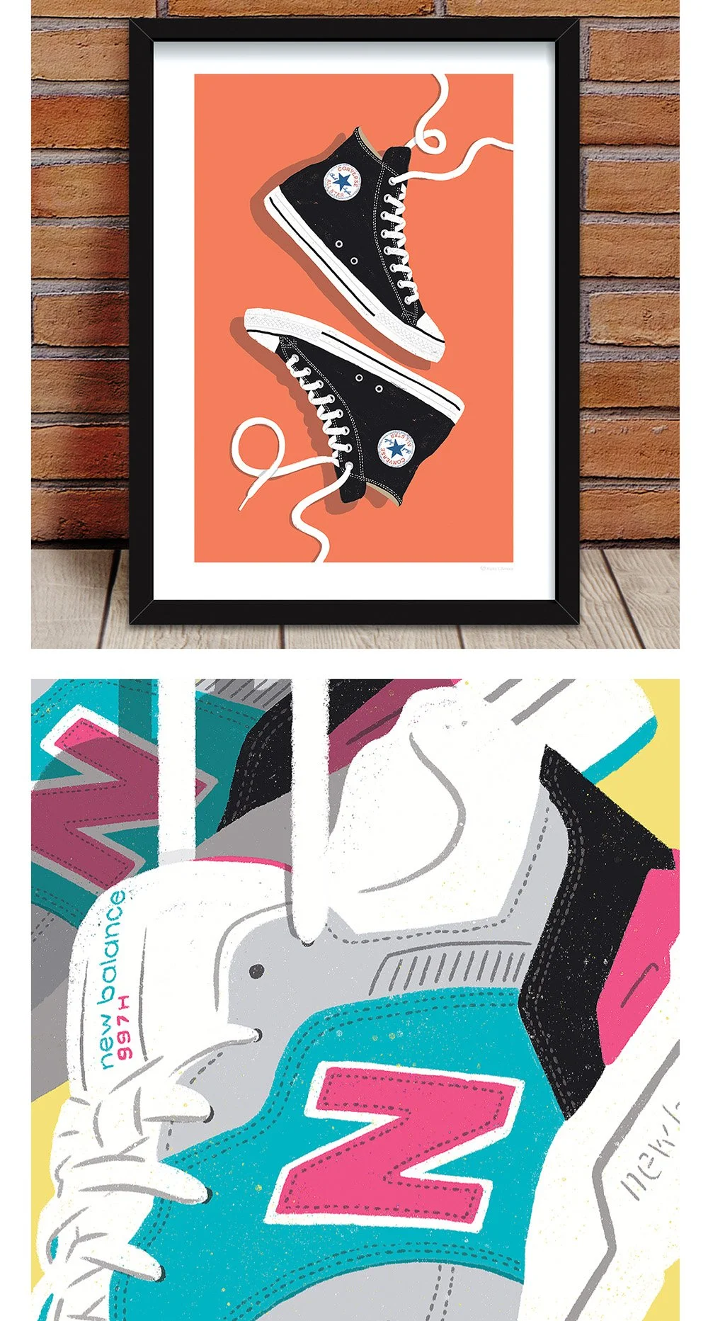 Framed illustration of a pair of black Converse sneakers with white soles and laces, depicted against a peach background, with the tongue of the shoes tied and hanging.