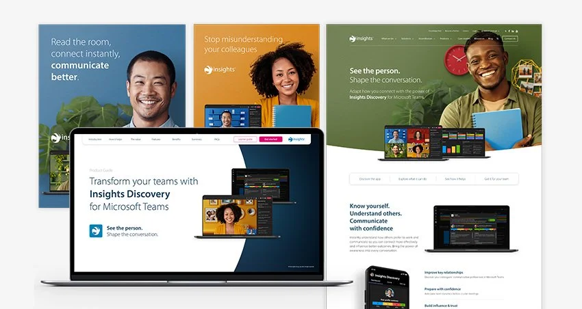 Collection of promotional banners and screens showing Microsoft Teams' Insights Discovery features, with smiling diverse people and colorful interfaces.
