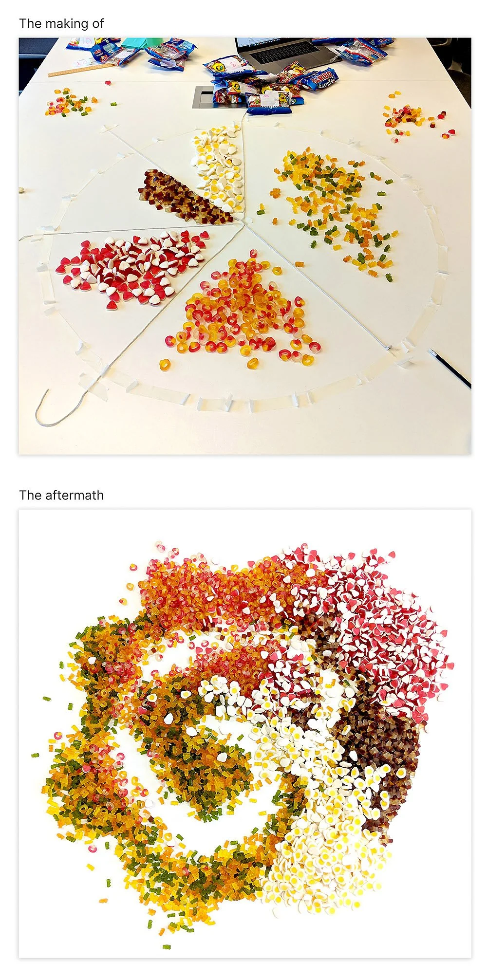Arrangement of colorful gummy candies on a table, divided into sections, with packaging and a laptop in the background, illustrating the process of making and the aftermath of candy production.
