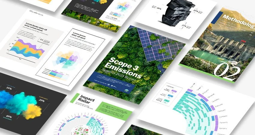 Collection of reports and presentations on environmental sustainability and emissions, featuring graphs, charts, and images of forests, solar panels, and pollution.