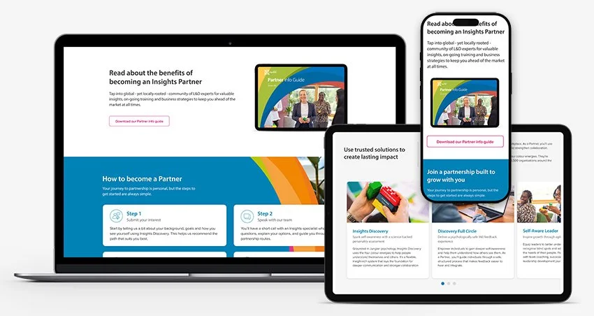 Multiple electronic devices including a laptop, tablet, and smartphone displaying the same webpage about the benefits of becoming an Insights Partner, with sections on joining partnerships, using trusted solutions, and discovery strategies.