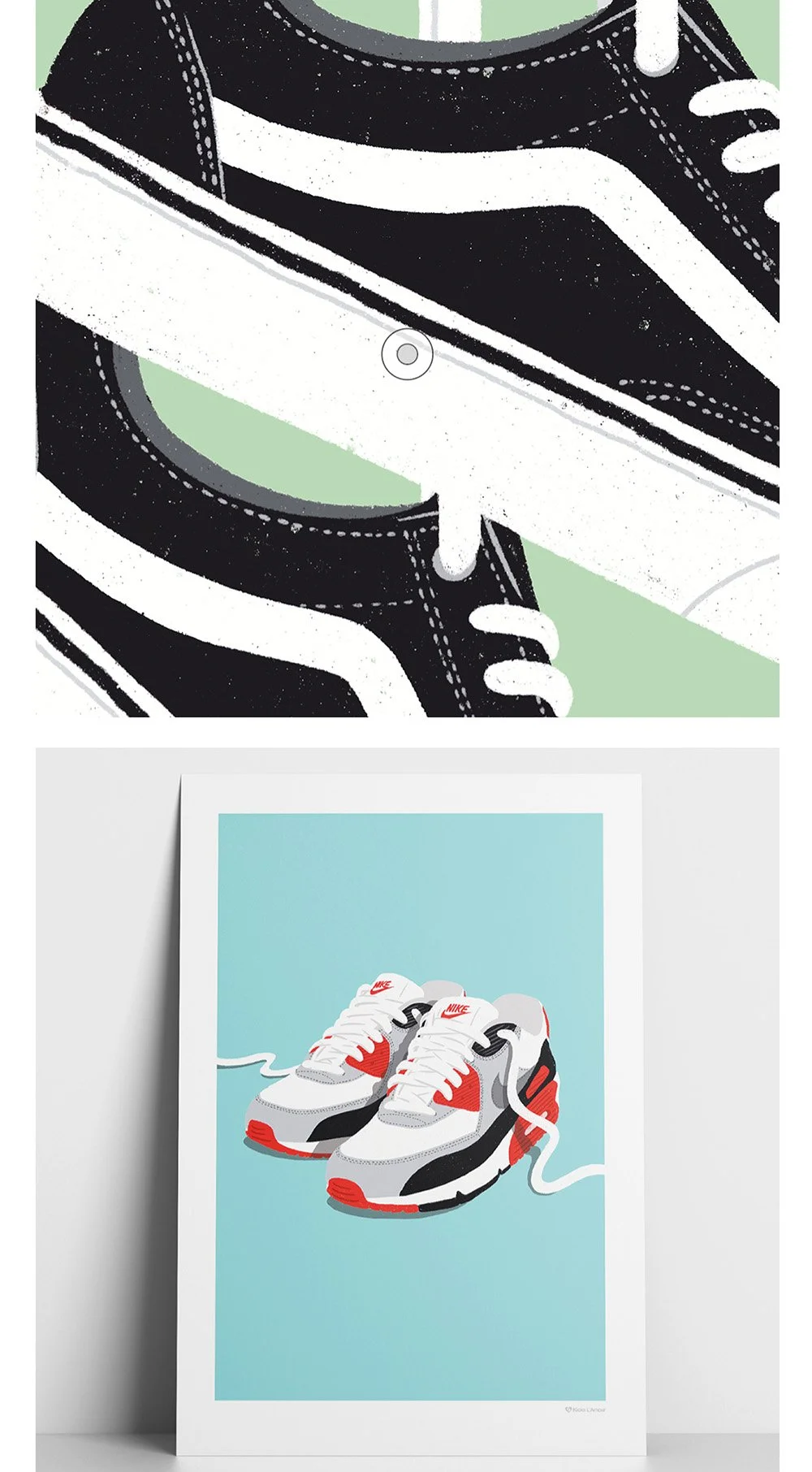 Poster of a pair of white, gray, black, and red Nike sneakers with white laces against a light blue background.