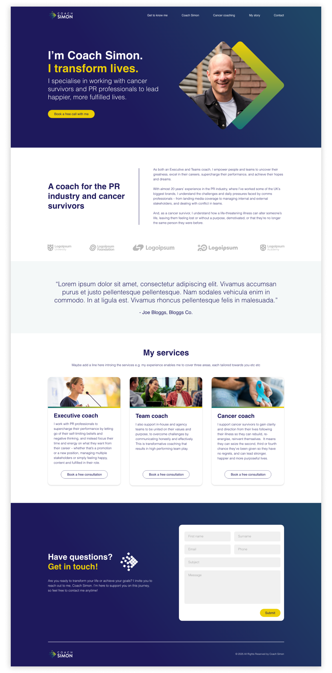 A personal coaching website homepage with a dark blue background. It features a photo of Coach Simon, a smiling man with a bald head, on the right side. The main headline reads "I'm Coach Simon. I transform lives." The page includes sections about coaching services, client testimonials, and contact information, with a prominent call-to-action button to book a free call.