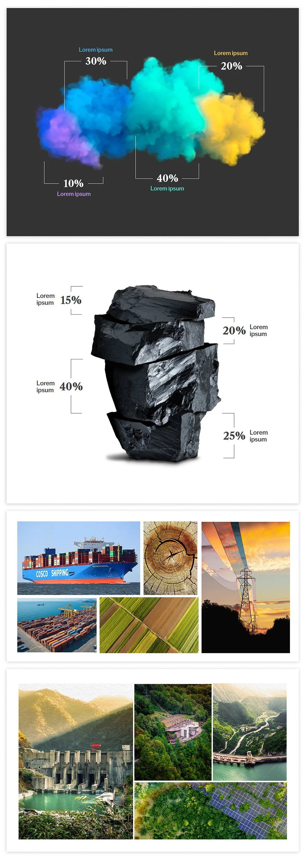 A collage of four images: The top image shows colorful cloud bursts with percentage labels; the second image shows a stack of black coal pieces with percentage labels; the third image features various modes of transportation, such as a cargo ship, an airplane, and a cargo terminal, along with images of wood, power lines, and a sunset; the bottom image displays multiple scenic views of hydroelectric dams, forests, and solar panels.