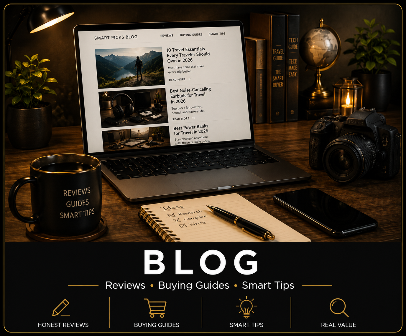 A workspace with a laptop displaying a blog about travel essentials, a camera, a smartphone, a black coffee mug, a notepad with pen, books, and decorative items including a globe, plants, and a lantern. The blog categories include reviews, buying guides, and smart tips.