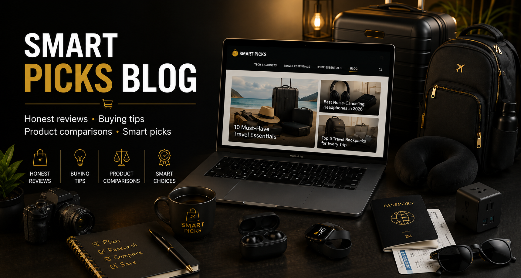 Travel essentials on a desk with a laptop displaying blog articles about travel gear, surrounded by a camera, headphones, backpack, passport, glasses, and electronic chargers.