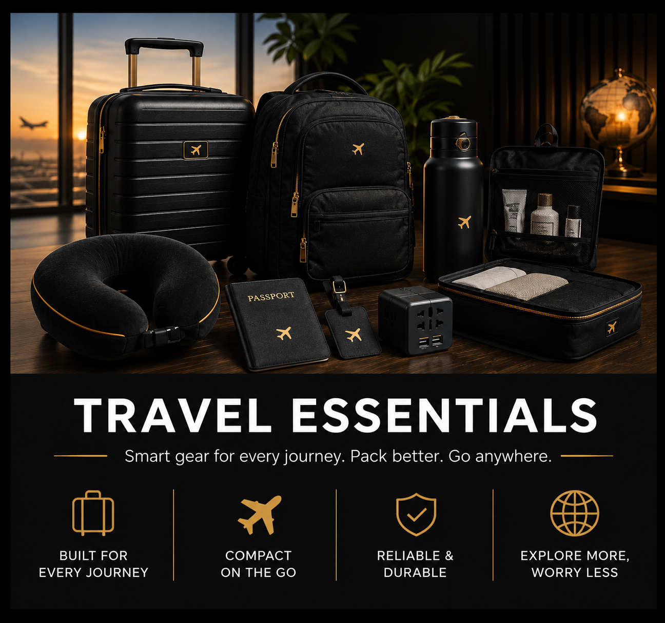 Travel essentials including a black suitcase, backpack, neck pillow, passport, luggage tag, water bottle, toiletry kit, travel cube, and portable power bank. The background shows an airport with airplanes and a sunset view.