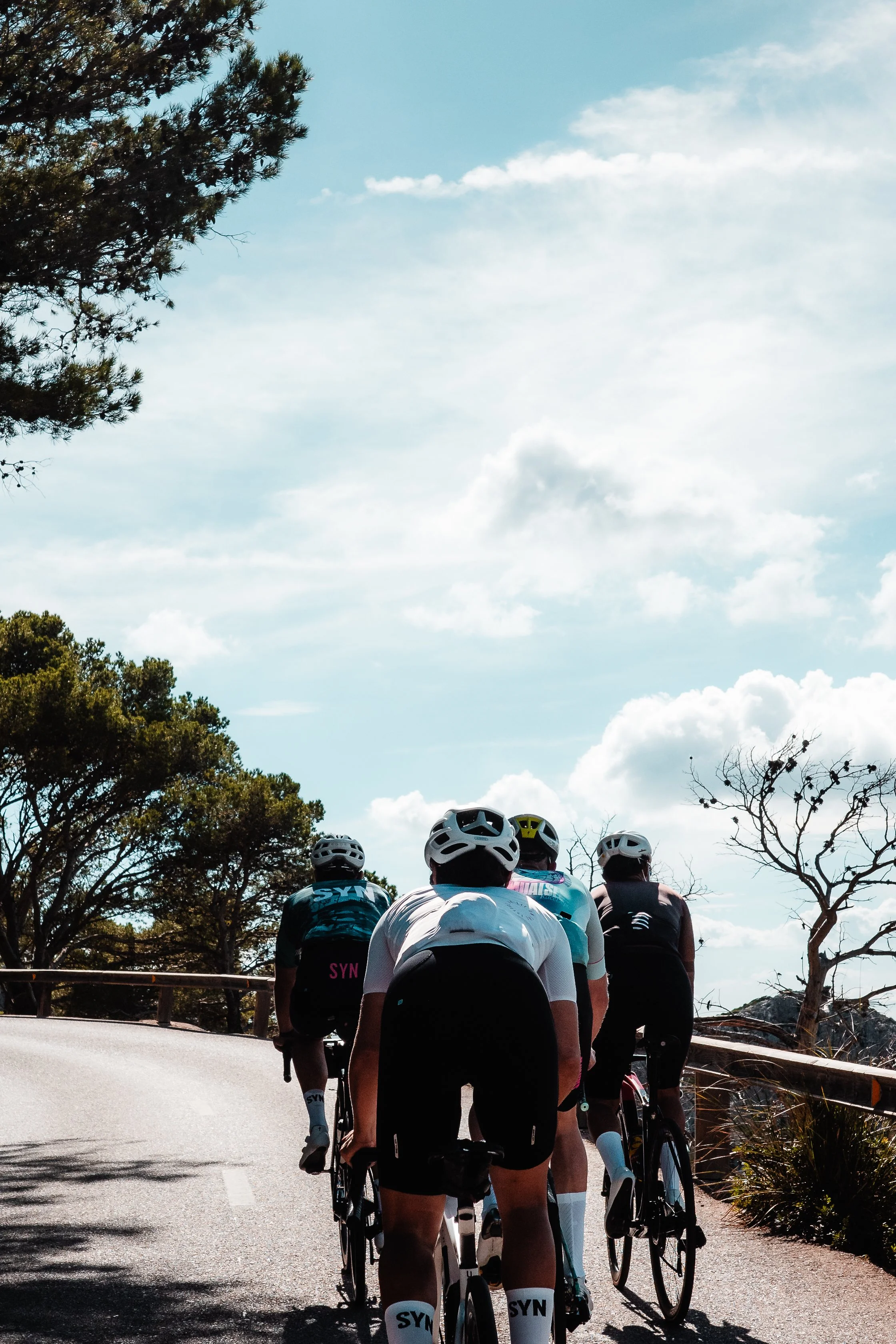 A group of cyclists riding on a road surrounded by trees and a partly cloudy sky.